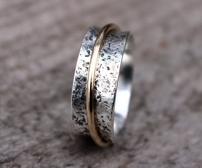 Sterling Silver and Gold Spinner Ring, Narrow Spinner, Wedding Spinner Ring - Mountain Metalcraft