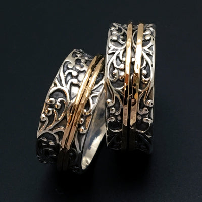 Sterling Silver Swirly Spinner Ring with Two Hammered Gold Spinners - Mountain Metalcraft