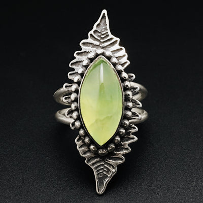 Fern Ring, Etched Sterling Silver Ring with Prehnite, Nature Inspired - Mountain Metalcraft