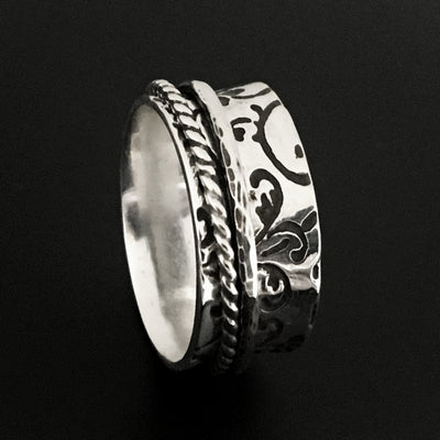 Sterling Silver Spinner Ring, Worry Ring, Fidget Ring with flower pattern - Mountain Metalcraft